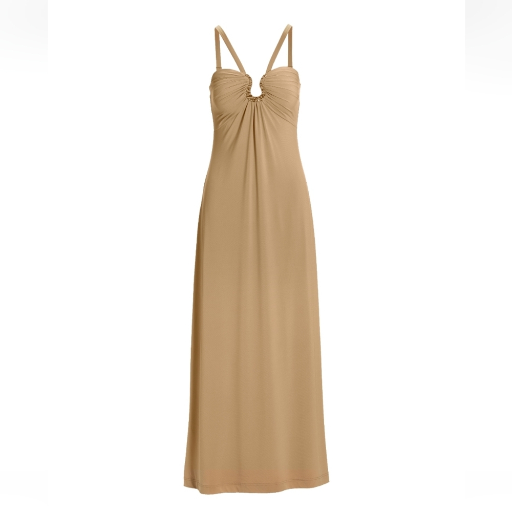 Boston Proper Tan Maxi Slip Dress with Ruched Keyhole Bust